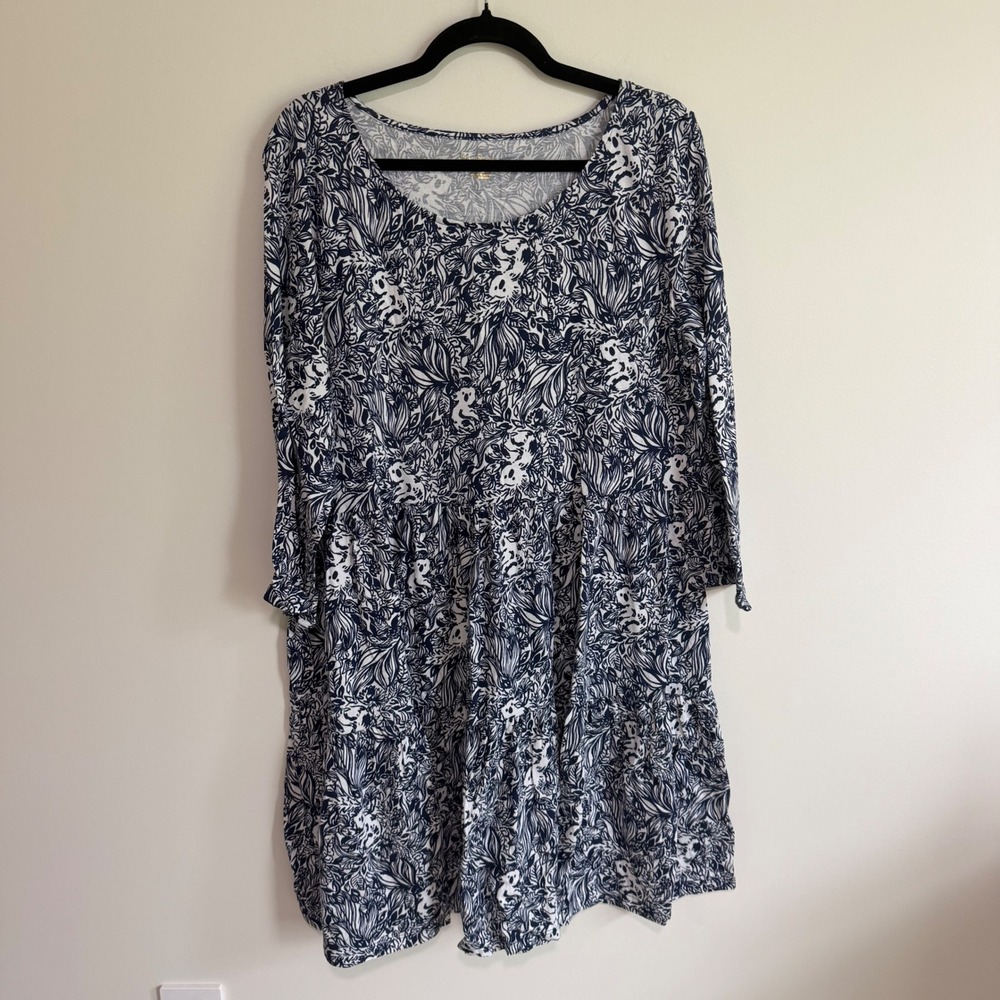 Lilly Pulitzer XXL Women Navy Blue White Floral Cotton Tiered Long Sleeve Dress